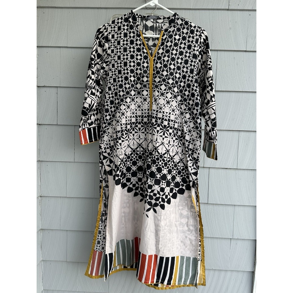 Nishat Linen PRET Kurta Tunic Dress Small 100% Pima Cotton Black White